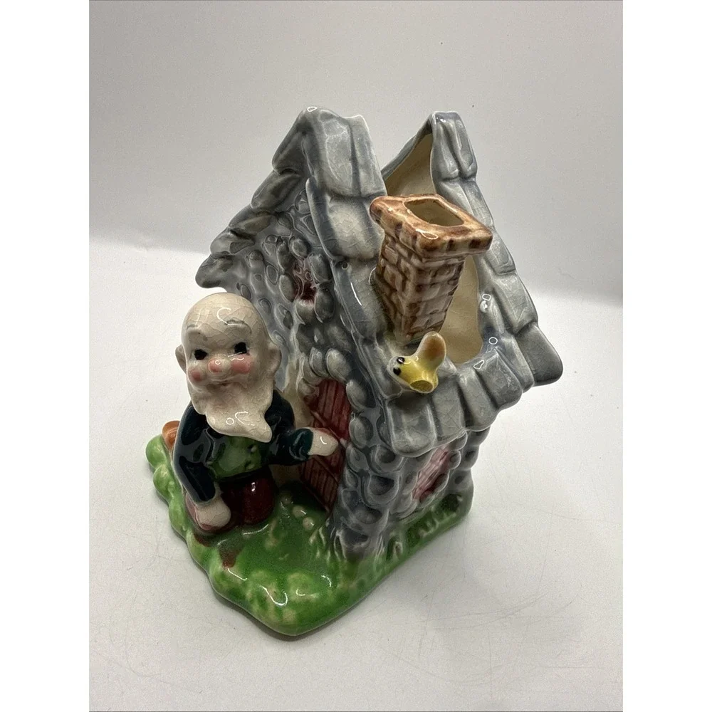 Vintage Japan Ceramic Blacksmith Gnome Log Cabin Pocket Planter Novelty Vase Vtg